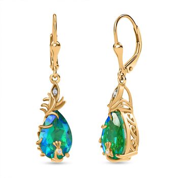 Pfau Quarz Triplette, Wei&szlig;er Zirkon Ohrringe 925 Silber 750 Gelb Vergoldet ca. 6.59 ct