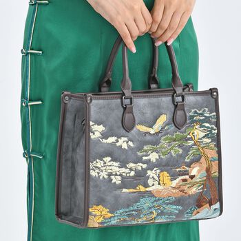 Bestickte Crossbody Tasche, Kunstleder, Blumen Design, 32 x 12 x 25 cm, Grau