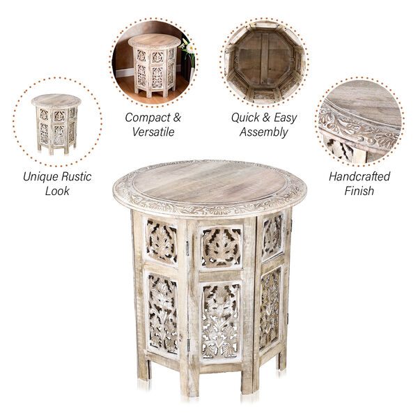 NAKKASHI - handgeschnitzter klappbarer Beistelltisch aus Mangoholz, 45x45x45 cm, weiß image number 3