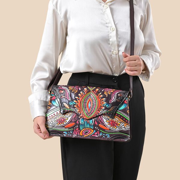 SUKRITI handbemalte Echtleder Tasche mit Pr&auml;gung 32 x 6 x 19 cm, Maroon image number 3