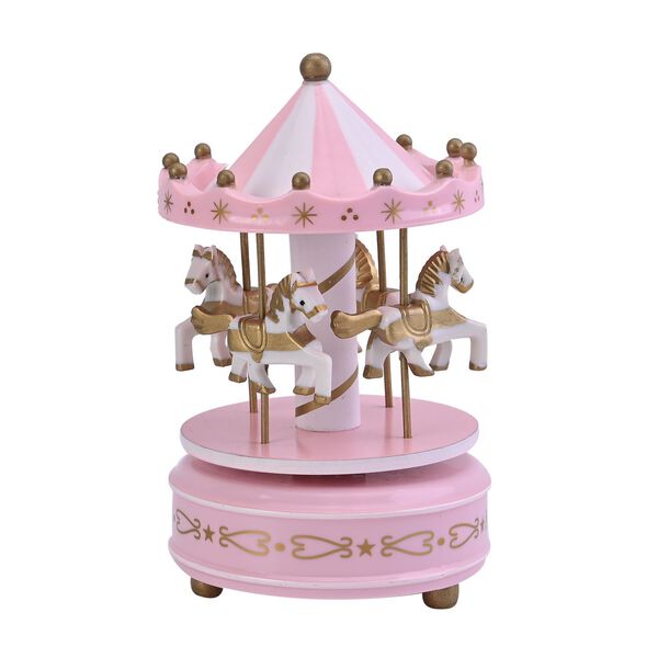 4-Pferde Holz Karussell Spieluhr, Gr&ouml;&szlig;e 18x10 cm, Rosa