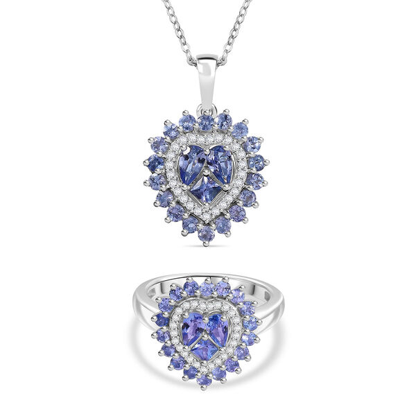 D'Joy Tansanit und Zirkon Ring und Anhänger mit 50cm Kette image number 0