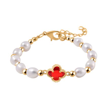 Glas, Wei&szlig;e S&uuml;&szlig;wasser Perle Armband BR-Stretch Standard gelb vergoldet