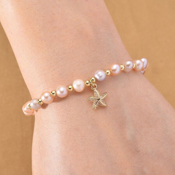 Mehrfarbige Süßwasser Perle, Zirkonia Armband ca. 19cm + 5cm Extender, Nickelfreies Messing Roségold Vermeil image number 2