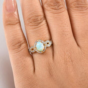 AA Nat&uuml;rlicher, &auml;thiopischer Welo Opal, Wei&szlig;er Zirkon Ring 925 Silber 750 Gelbgold Vermeil (Gr&ouml;&szlig;e 19.00) ca. 1,24 ct