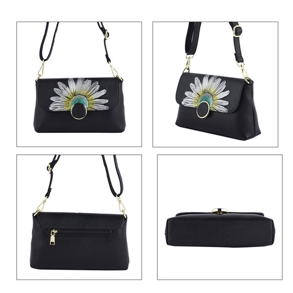 Umh&auml;ngetasche aus 100% echtem Leder, Sonnenblumen Muster, Gr&ouml;&szlig;e 25x7x15 cm, Schwarz image number 4