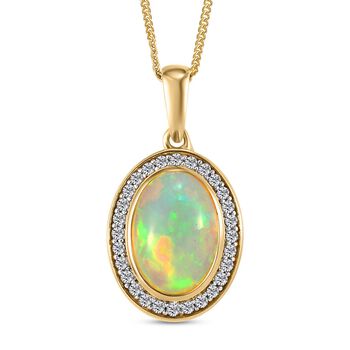 Nat&uuml;rlicher, &auml;thiopischer Welo Opal und wei&szlig;er Zirkon-Anh&auml;nger mit Kette, 925 Silber vergoldet ca. 3,71 ct