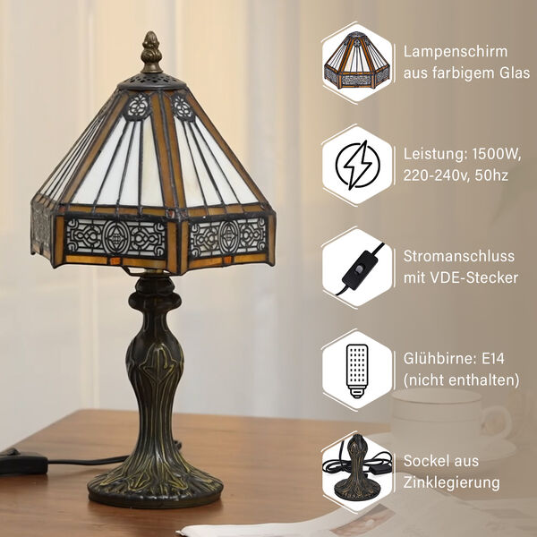 Handgefertige Tiffany-Stil Tischlampe, Buntglas, Antik-Design, Braun image number 4
