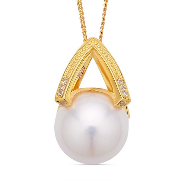 Wei&szlig;e Edison Perle, wei&szlig;er Zirkon Anh&auml;nger mit Kette im Schmuckset, 925 Silber Gelbgold Vermeil ca. 0.12 ct