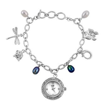 Royal Bali - Wei&szlig;e S&uuml;&szlig;wasser Perle und Pfau Perlen-Uhr, 19 cm, 925 Silber Schwarz oxidiert ca. 23g