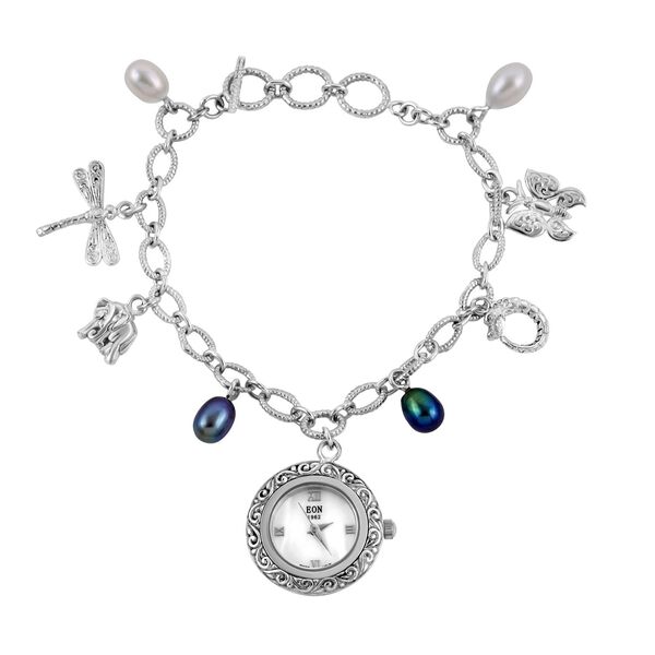 Royal Bali Kollektion- Wei&szlig;e S&uuml;&szlig;wasser Perle und Pfau Perlen-Uhr in Silber, 19 cm, 23g image number 0