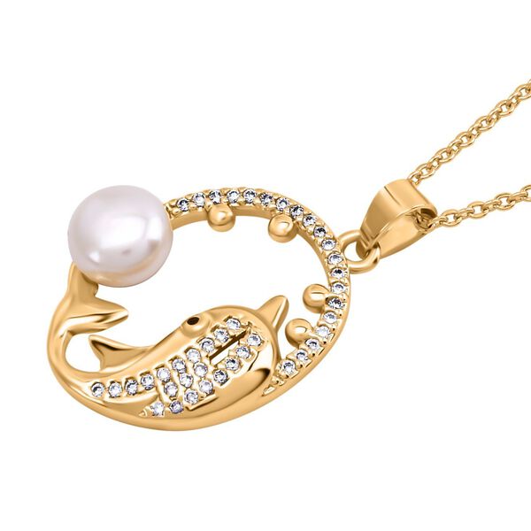 Weißer Süßwasserperle und Zirkonia-Anhänger mit 50+7cm Kette in Goldton image number 4
