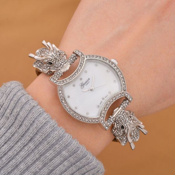 GENOA TIME V2 Kristall Uhr mit japanischem Miyota-Uhrwerk und schwarzem Lederarmband in Silberton, 24cm image number 2