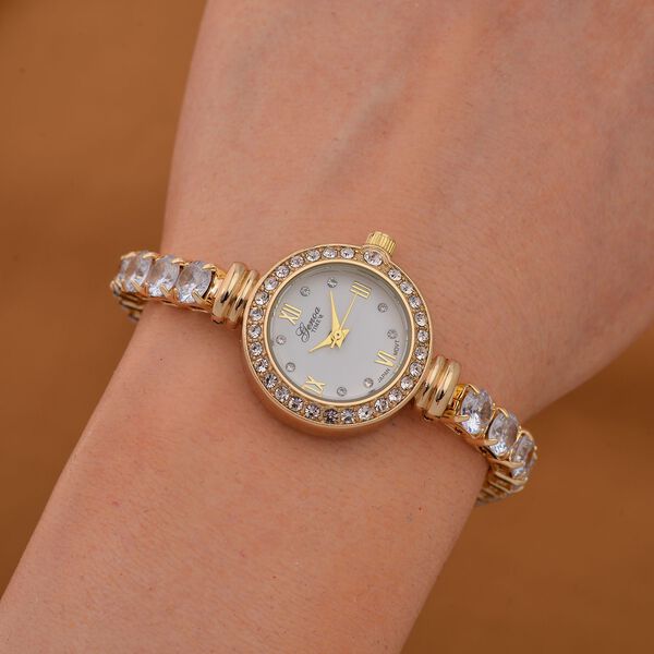 Genoa Time V2 - PC21S Japanisches Uhrwerk, Geh&auml;use mit wei&szlig;en Kristallakzenten und PNP-Goldplattierung, rundes Zifferblatt mit wei&szlig;en Ziffern und Kristallen, wei&szlig;en Zirkonia und Kristallen image number 2
