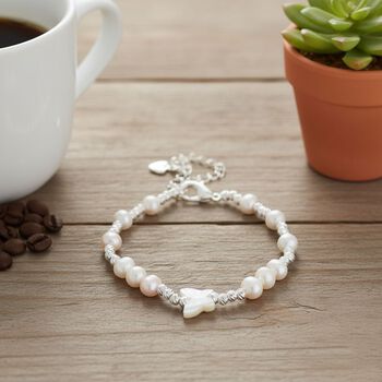 Wei&szlig;e Muschelkernperle, Wei&szlig;e S&uuml;&szlig;wasser Perle Armband ca. 15.25 cm + 3.5 cm Extender, Nickelfreies Messing Silberfarben