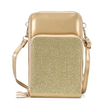 Elegante Umh&auml;ngetasche mit RFID Schutz, gl&auml;nzende PU-Tasche, 3 Rei&szlig;verschlussf&auml;cher, 5 Kartenf&auml;cher, Gr&ouml;&szlig;e 18 x11x6,5 cm, Gold