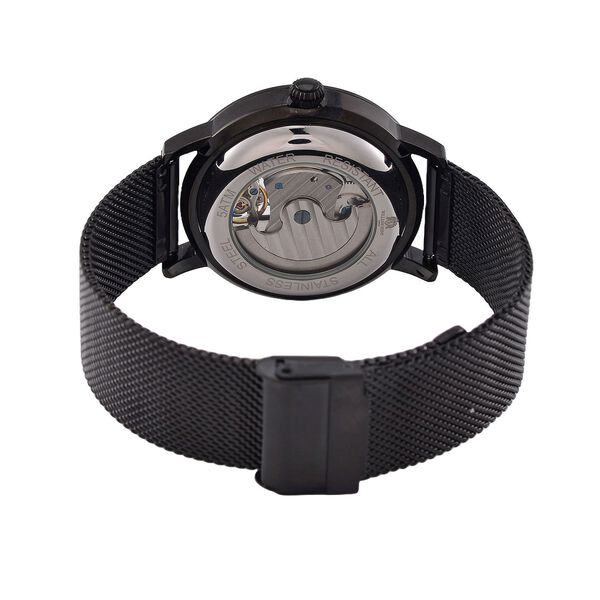 William Hunt Automatik-Uhr - IP-schwarzbeschichtetes Edelstahlgeh&auml;use, schwarzes Multifunktionszifferblatt mit gew&ouml;lbtem Glas, Edelstahl-Mesh-Armband, Glasboden, 5 ATM wasserdicht, Reiner Edelstahl image number 6