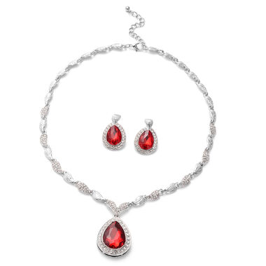Designer Glaskristall-Halskette und Ohrringe, rot, ca. 56,03 ct