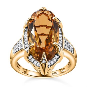 Citrin, Wei&szlig;er Zirkon Ring, 925 Silber vergoldet, (Gr&ouml;&szlig;e 16.00), ca. 10.71 ct