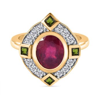 Afrikanischer Rubin (Fissure gef&uuml;llt), Nat&uuml;rlicher Chromdiopsid Ringe 925 Silber vergoldet (Gr&ouml;&szlig;e 17.00) ca. 3.11 ct