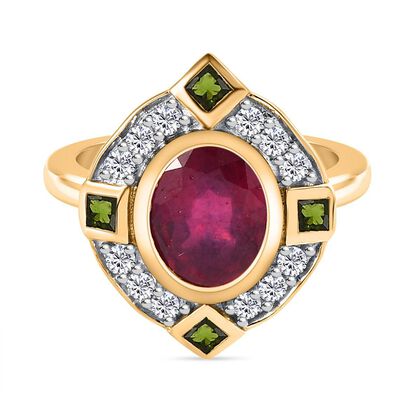 Afrikanischer Rubin (Fissure gef&uuml;llt), Nat&uuml;rlicher Chromdiopsid Ringe 925 Silber vergoldet (Gr&ouml;&szlig;e 17.00) ca. 3.11 ct