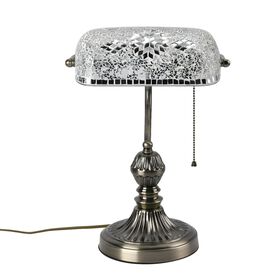 Handgefertigte Mosaik Kunst Bankerlampe, Größe: 26 x 25 x 35 cm, Weiß, Glühbirne nicht enthalten