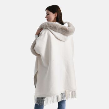LA MAREY Poncho aus Webpelz mit Fransen und Fleecefutter, Einheitsgr&ouml;&szlig;e, Beige
