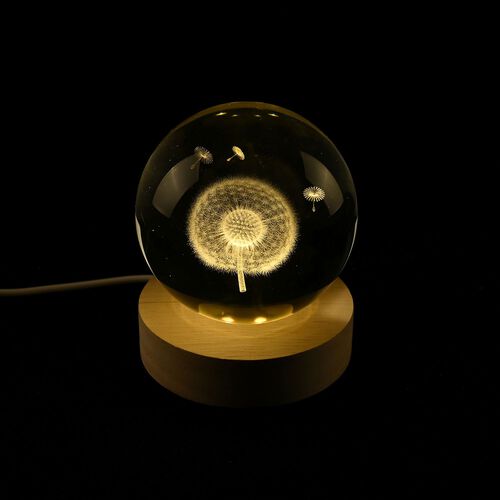 3D Kristallkugel mit LED-Licht und Holzsockel, Pusteblume image number 0