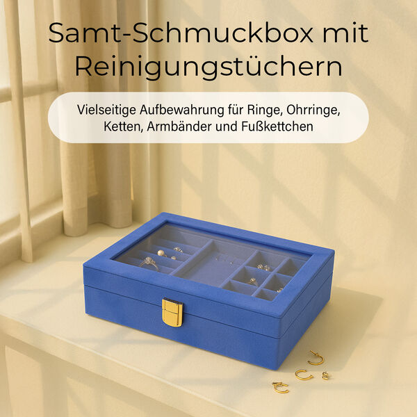 Samt Schmuckbox mit 5 Silberputztüchern, 20x15x5cm, Blau image number 2