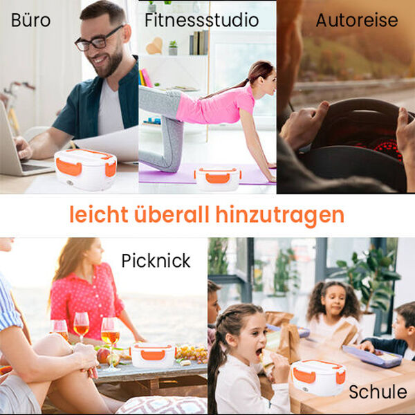 Beheizbare Lunchbox, Orange
Material:PP 
Größe:23.5*16.5*10.5cm(1.05L)9.25*6.49*4.13INCH
Color:White+orange
rating:50W
voltage:110V
2 pin UL plug power cable:100cm
 image number 5