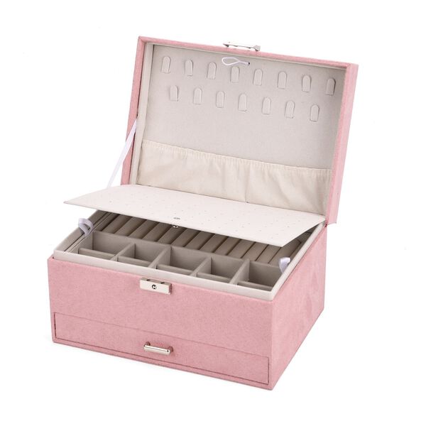 4-lagige Schmuckbox aus Samt mit 10 Silberputzt&uuml;chern, 23,8&times;17&times;14,2 cm, Rosa image number 6