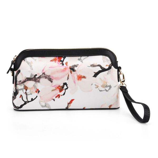 LA MAREY Crossbody Tasche aus 80% Seidenbrokat und 20% Echtleder, Blumenmuster, 24x5.5x14cm, Grau-rosa image number 5