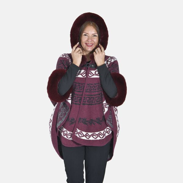 Halbmondf&ouml;rmiger Kapuzenponcho mit Druckknopfverschluss aus Kunstpelz, One Size, 80x109.22cm, Rot image number 5