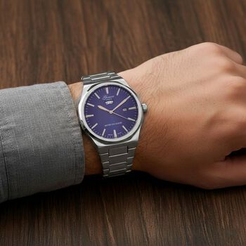 GENOA - Japanisches Uhrwerk, Blaues Sonnenschliff-Zifferblatt mit Balkenindexen, Reiner Edelstahl mit Faltschlie&szlig;e, Bicolor, 20 cm