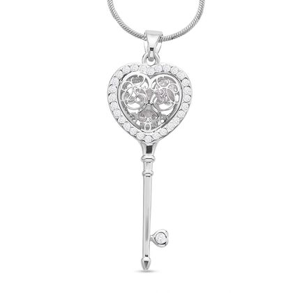 Wei&szlig;er Zirkonia und wei&szlig;er Kristall Schl&uuml;ssel-Anh&auml;nger mit Kette, Silberfarben