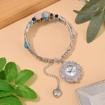 STRADA - Mehrfarbige-Edelstein verstellbare Perlenarmbanduhr mit Legierungsgeh&auml;use und japanischem Uhrwerk, 17-21 cm Reiner Edelstahl