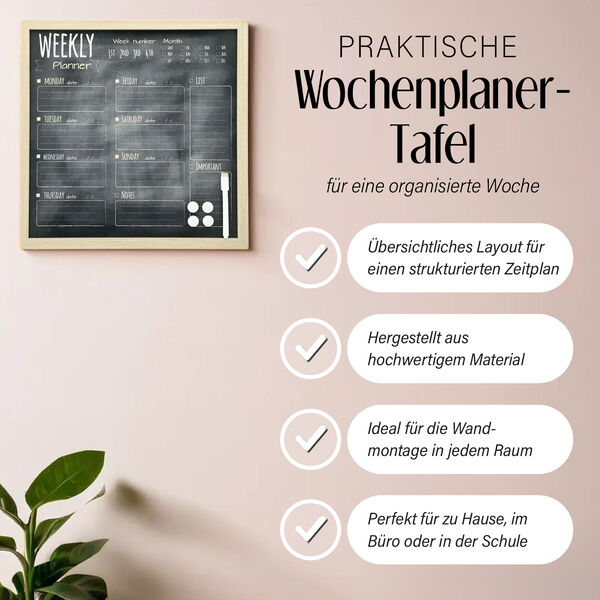 Wochenplaner-Tafel mit magnetischem Marker, inklusive 4 Magneten und &uuml;bersichtlichem Layout, schwarz image number 2
