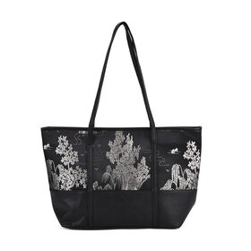 Große Tragetasche mit Blumenmuster, 48×29×14 cm, Schwarz