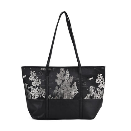 Schultertasche in modischem Print, gro&szlig;e Kapazit&auml;t, mit Rei&szlig;verschluss und Innentasche, 48x29x14 cm, Polyester mit PU-Leder, Schwarz mit Blumenmuster