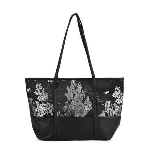 Schultertasche in modischem Print, große Kapazität, mit Reißverschluss und Innentasche, 48x29x14 cm, Polyester mit PU-Leder, Schwarz mit Blumenmuster