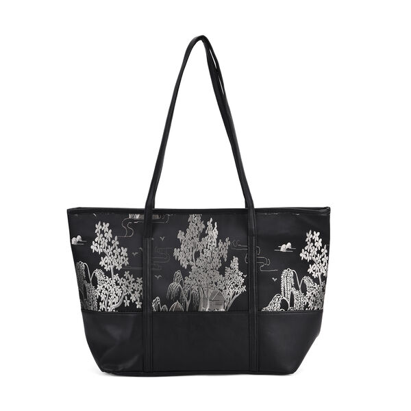 Große Tragetasche mit Blumenmuster, 48×29×14 cm, Schwarz image number 0