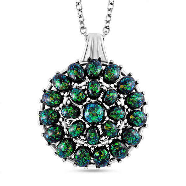 Simuliertes schwarzer Opal Anh&auml;nger mit Kette ca. 50 cm + 5 cm Extender, 316L Edelstahl