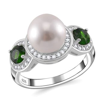 Wei&szlig;e Muschelkernperle, Nat&uuml;rlicher Chromdiopsid Ring 925 Silber platiniert (Gr&ouml;&szlig;e 16.00)