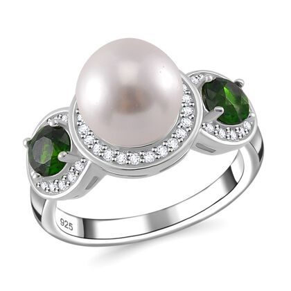 Wei&szlig;e Muschelkernperle, Nat&uuml;rlicher Chromdiopsid Ring 925 Silber platiniert (Gr&ouml;&szlig;e 16.00)