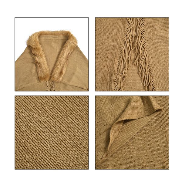 LA MAREY luxuri&ouml;ser Kunstfell-Kimono mit Fransen, Beige image number 7