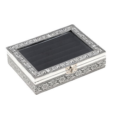 Handgefertigte Aluminium-Ringbox mit floraler Gravur und schwarzem Kratzschutz-Innenfutter