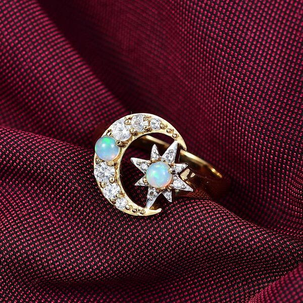 D'Joy AA Natürlicher, äthiopischer Welo Opal, Weißer Zirkon Ring 925 Silber 750 Gelb Vergoldet (Größe 18.00) ca. 0,79 ct image number 2