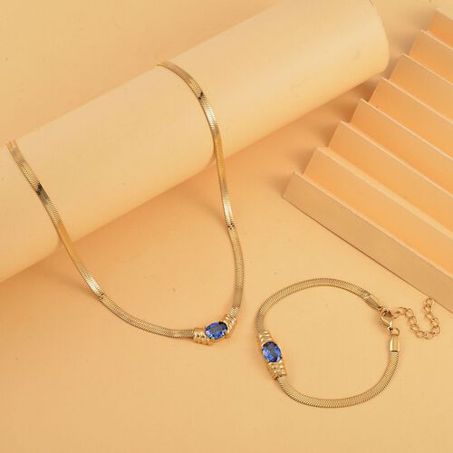 2-teiliges Schmuckset, Halskette und Armband mit  Blauer Kristallen, Edelstahl und goldfarben image number 1