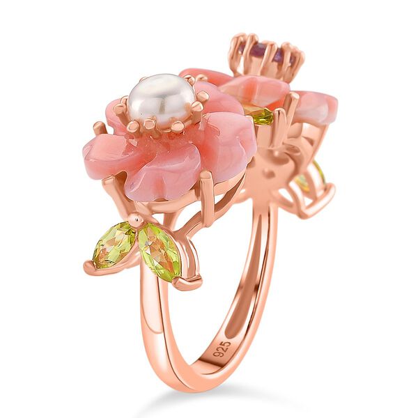 D'Joy Nat&uuml;rliche Rosa K&ouml;nigsmuschel Perle (12X12), Rosa Amethyst, Peridot Ring 925 Silber Ros&eacute;gold Vermeil (Gr&ouml;&szlig;e 21.00) image number 3