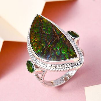 Kanadischer Ammolit und nat&uuml;rlicher Chromdiopsid Ring, 925 Silber platiniert (Gr&ouml;&szlig;e 21.00) ca. 14.44 ct